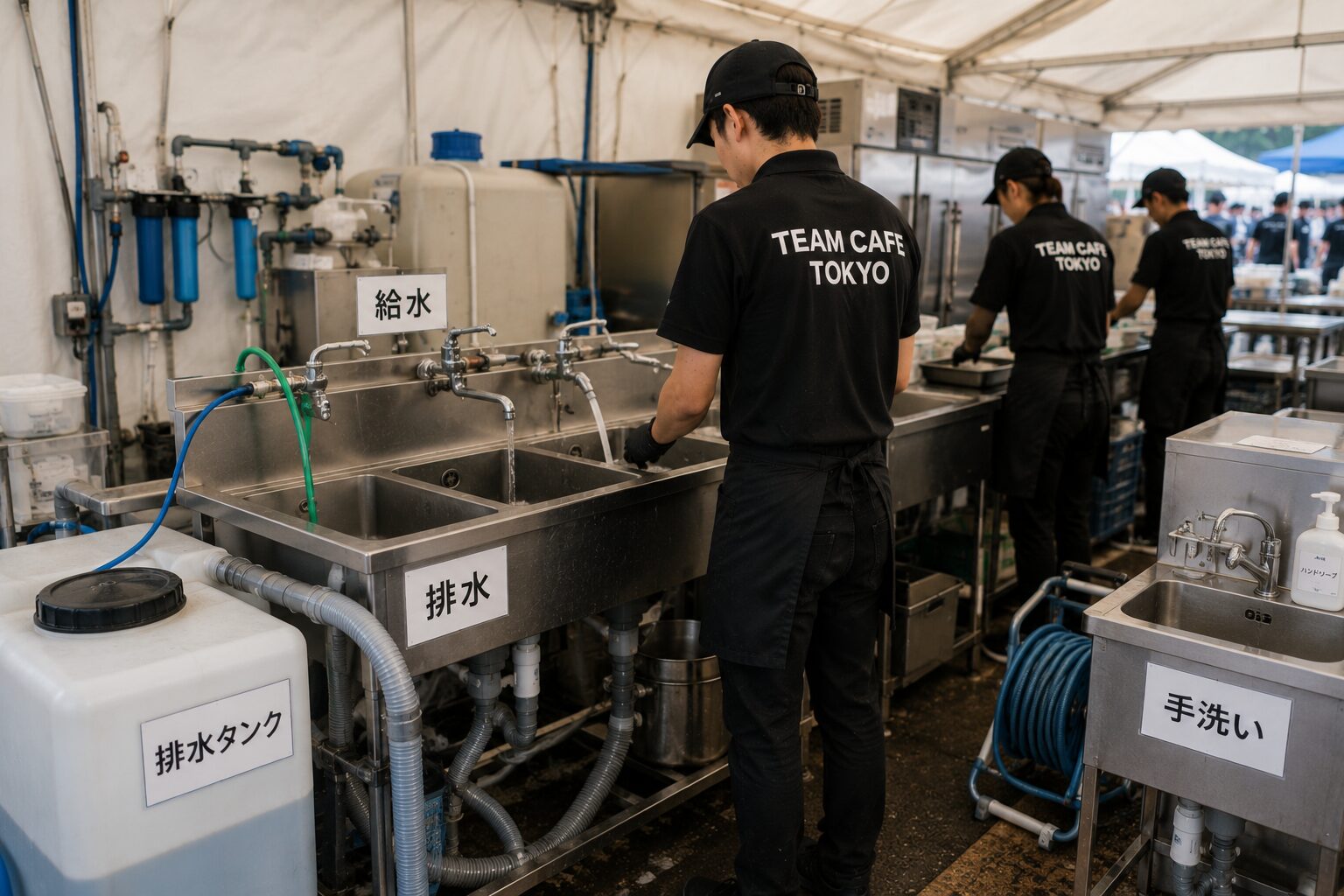 イベントの仮設厨房でシンクと給排水設備を確認する様子