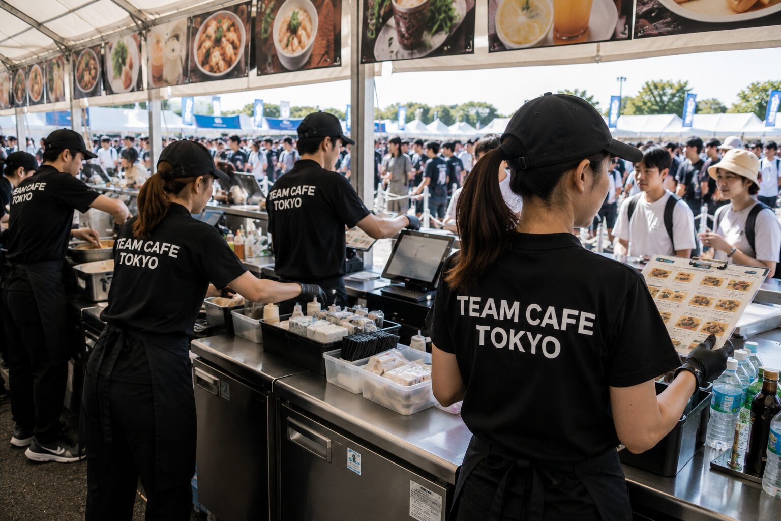 TEAM CAFE TOKYOスタッフが大型イベントのフードブースで複数商品を効率よく提供している様子