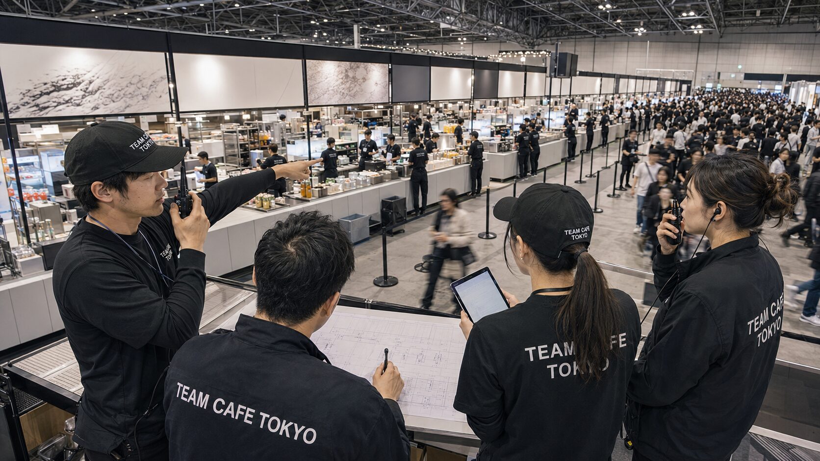 大型イベントの飲食運営を行うTEAM CAFE TOKYOスタッフとフードブース