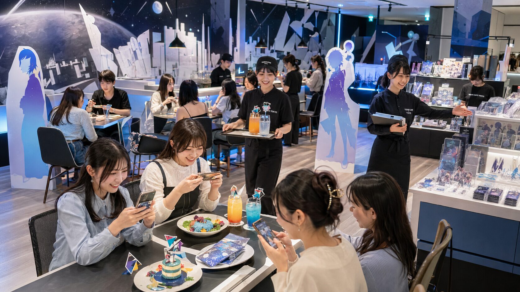 コラボカフェ 特典として配布するキャラクターカードやコースターを配置した店舗