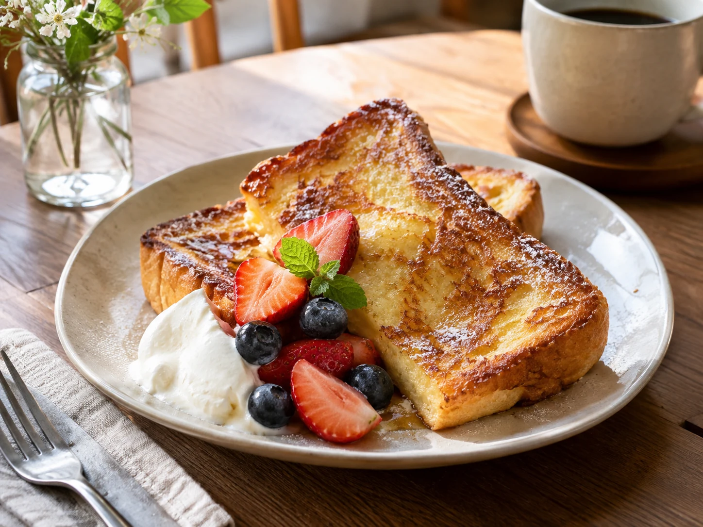厚切りフレンチトーストにベリーを添えたカフェプレート