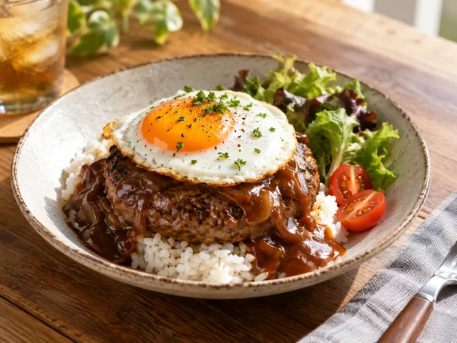 ハンバーグと目玉焼きをのせたカフェ風ロコモコ
