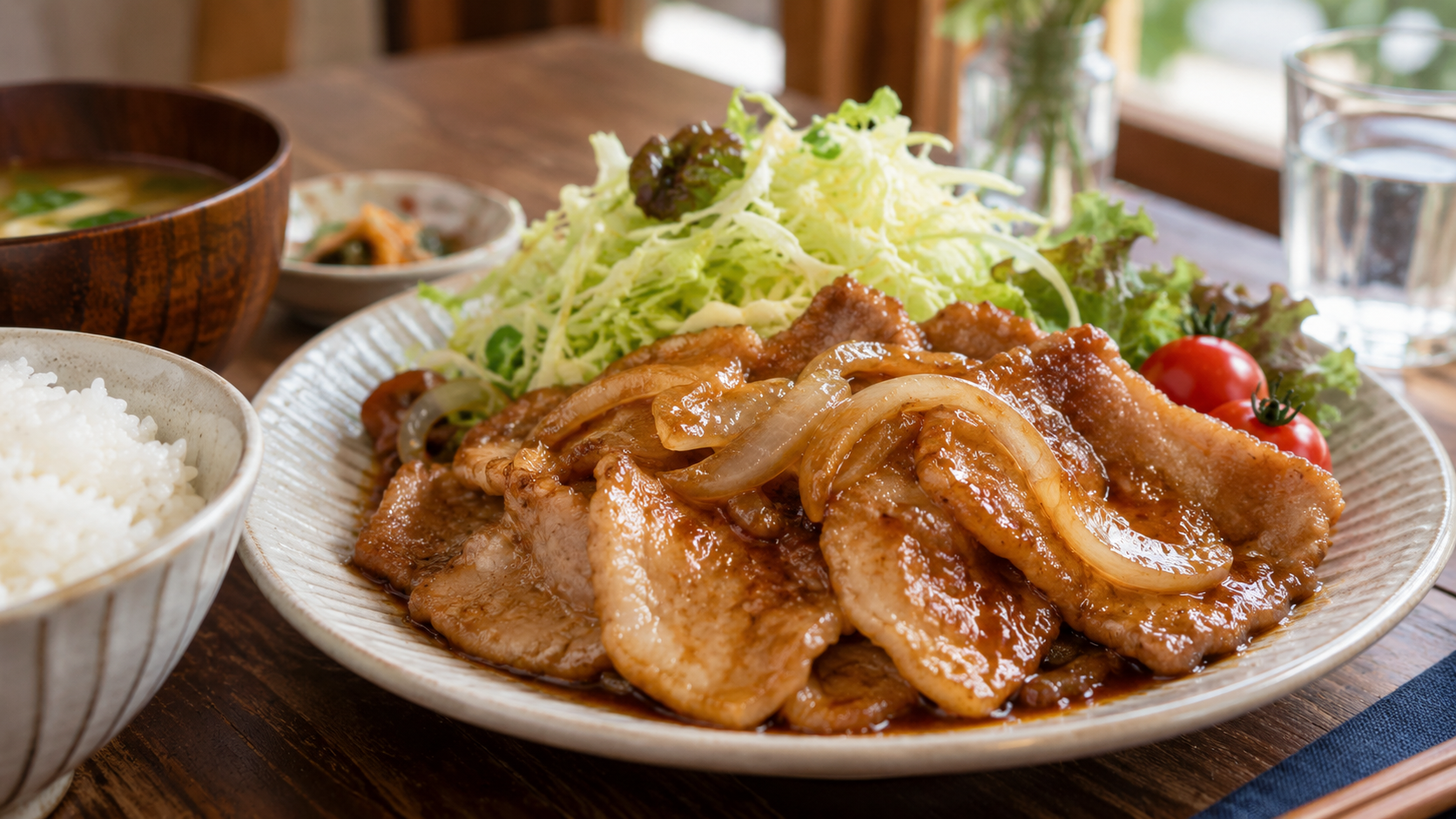 生姜だれを絡めた豚肉を盛り付けたポークジンジャーのイメージ