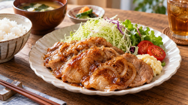 生姜だれを絡めた豚肉を盛り付けたポークジンジャーのイメージ