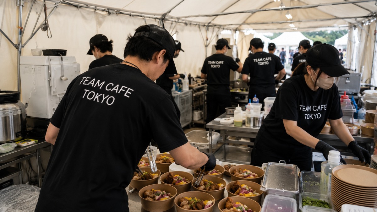TEAM CAFE TOKYOスタッフが仮設厨房で衛生管理を行いながらイベントフードを調理する現場