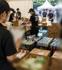 TEAM CAFE TOKYOスタッフが大型イベントのバックヤードで食材と飲料の在庫を確認する様子