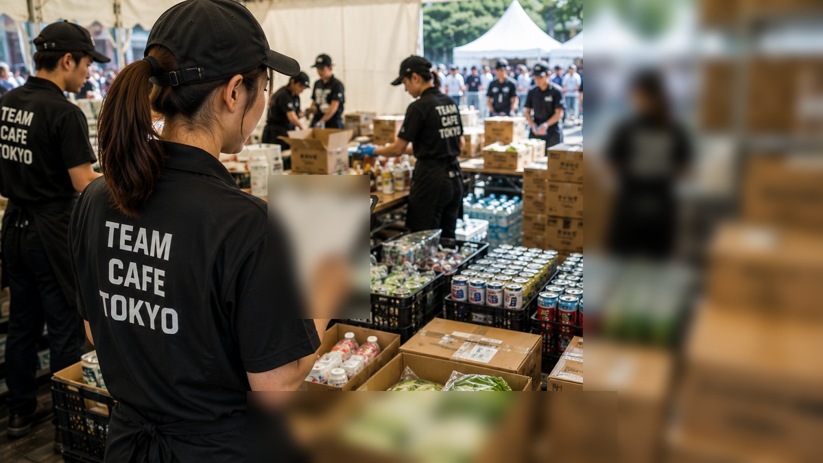 TEAM CAFE TOKYOスタッフが大型イベントのバックヤードで食材と飲料の在庫を確認する様子