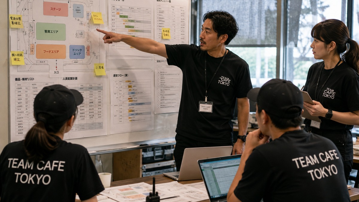 TEAM CAFE TOKYOスタッフがイベント飲食の運営マニュアルと会場計画を確認する事前ミーティング