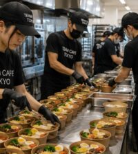 TEAM CAFE TOKYOスタッフが大型イベント向けフードをライン方式で大量調理・盛り付けしている厨房