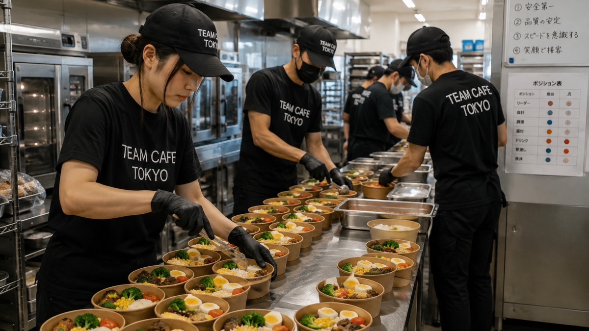TEAM CAFE TOKYOスタッフが大型イベント向けフードをライン方式で大量調理・盛り付けしている厨房