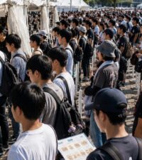 大型イベントの飲食ブース前で複数の待機列を形成して注文を待つ来場者と運営スタッフ