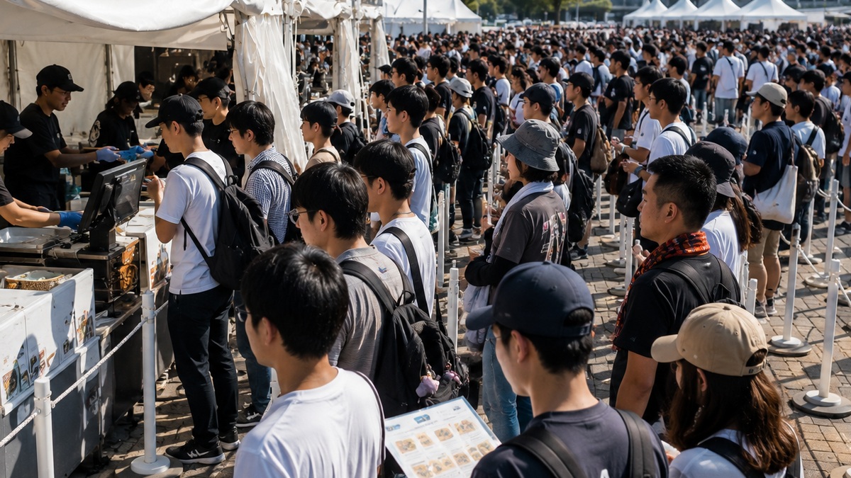 大型イベントの飲食ブース前で複数の待機列を形成して注文を待つ来場者と運営スタッフ