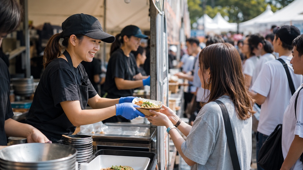 大型イベントのフードブースでスタッフが完成した料理を来場者へ素早く受け渡している様子