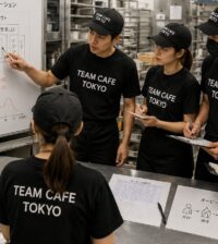 TEAM CAFE TOKYOスタッフがイベント飲食のスタッフ教育として厨房で役割分担と作業手順の事前研修を受けている様子