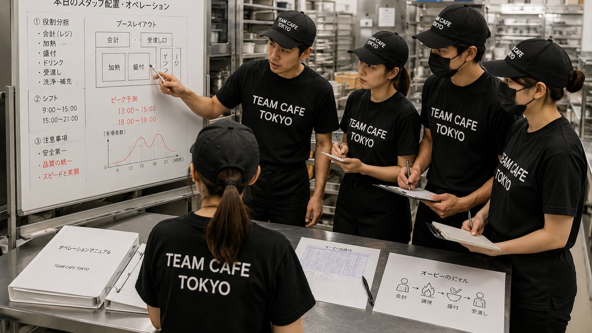 TEAM CAFE TOKYOスタッフがイベント飲食のスタッフ教育として厨房で役割分担と作業手順の事前研修を受けている様子