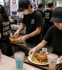 TEAM CAFE TOKYOスタッフがコラボカフェでレジ・厨房・盛り付けを分担して運営する風景