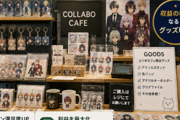 コラボカフェ グッズ販売コーナーの商品陳列と会計スペース