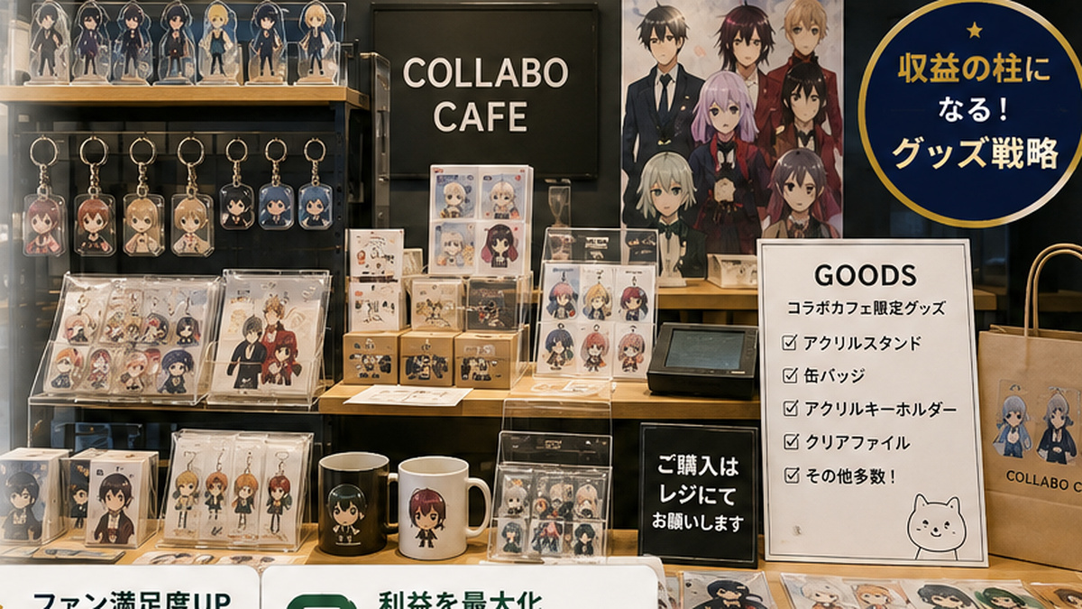 コラボカフェ グッズ販売コーナーの商品陳列と会計スペース