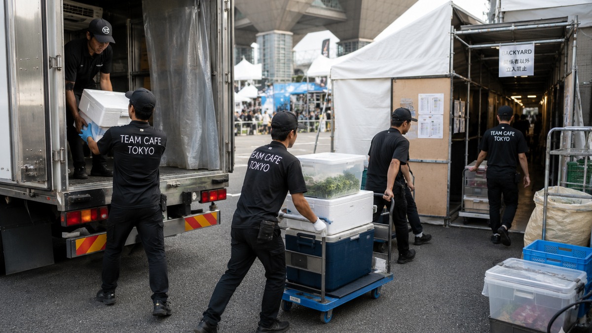 TEAM CAFE TOKYOスタッフが大型イベント会場で搬入車両から食材と保冷ボックスを荷下ろししバックヤードへ運ぶ様子