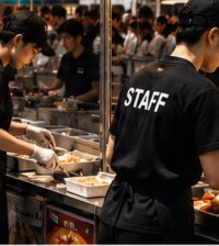 大型イベントの飲食運営現場でフードブース・スタッフ・来場者が動く様子