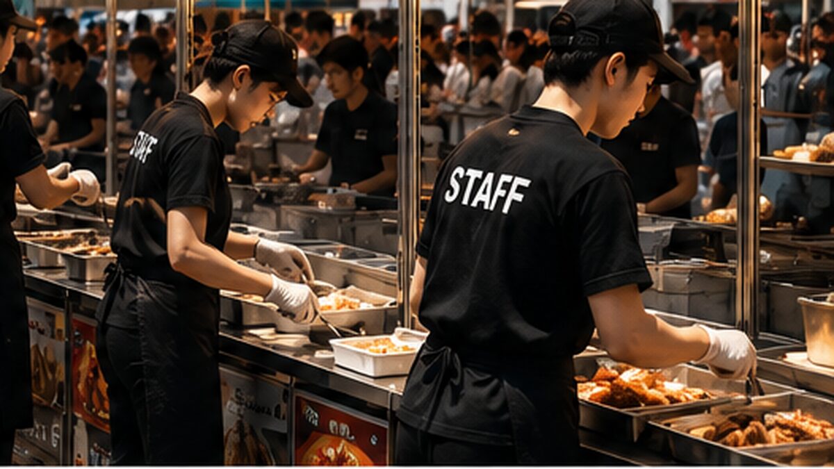 大型イベントの飲食運営現場でフードブース・スタッフ・来場者が動く様子