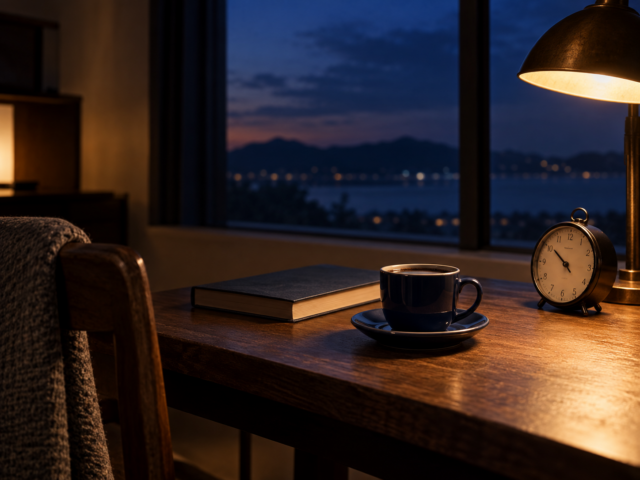 夜の窓辺にコーヒー、本、時計を置いたイメージ