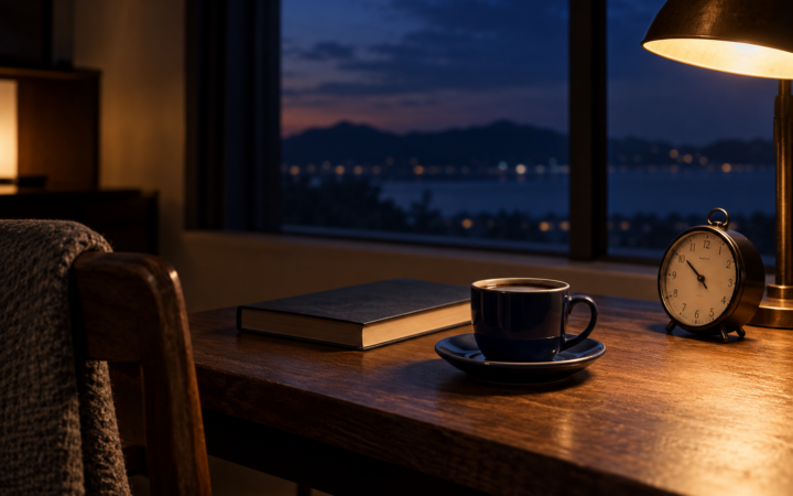 夜の窓辺にコーヒー、本、時計を置いたイメージ