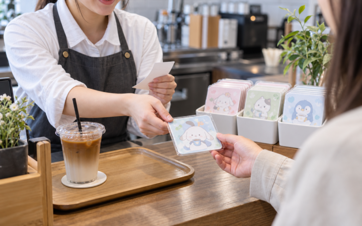 注文内容を確認して特典コースターを渡すカフェスタッフの手元