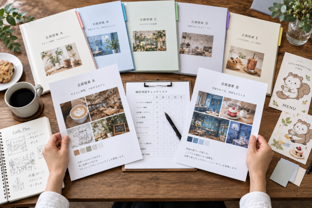 コラボカフェ制作会社の提案内容を同じ条件で比較する資料
