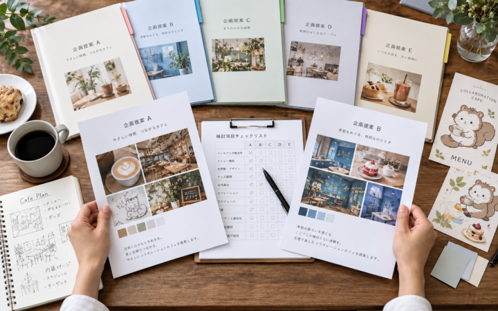 コラボカフェ制作会社の提案内容を同じ条件で比較する資料