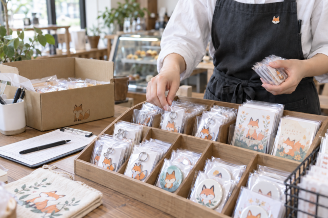 商品別の在庫を確認しながらコラボグッズを補充する作業