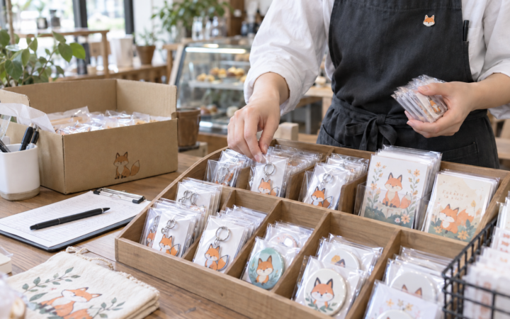 商品別の在庫を確認しながらコラボグッズを補充する作業