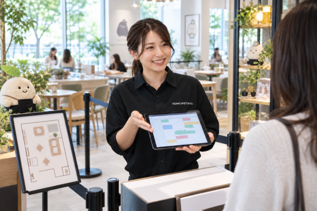 タブレットの予約枠と客席を確認するコラボカフェの受付