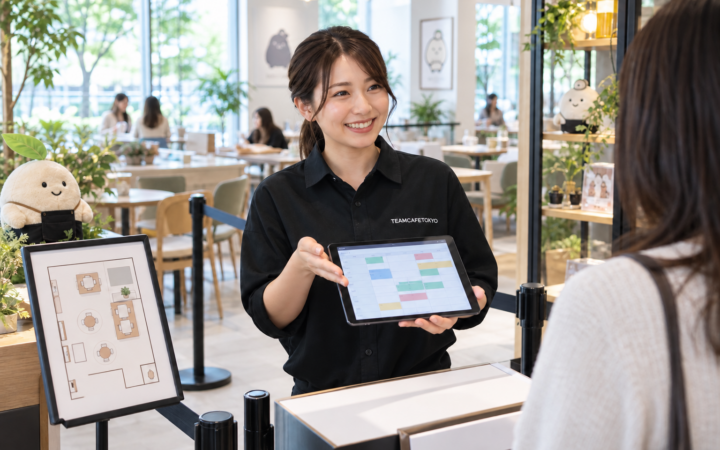 タブレットの予約枠と客席を確認するコラボカフェの受付