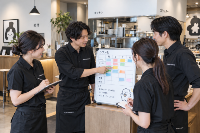 開店前に担当ポジションと交代配置を確認するカフェスタッフ