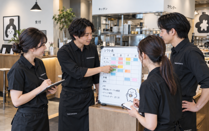 開店前に担当ポジションと交代配置を確認するカフェスタッフ