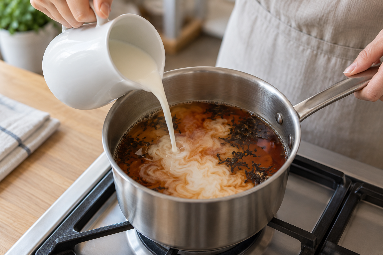 鍋で抽出した紅茶へ牛乳を加える様子