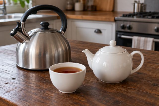 紅茶を淹れるためのケトルと白いティーポット