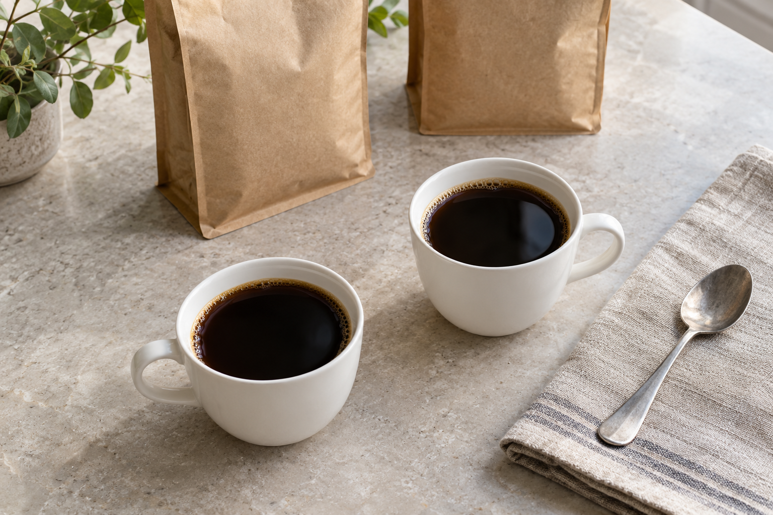 二つのカップに入れたブラックコーヒーと無地の豆袋