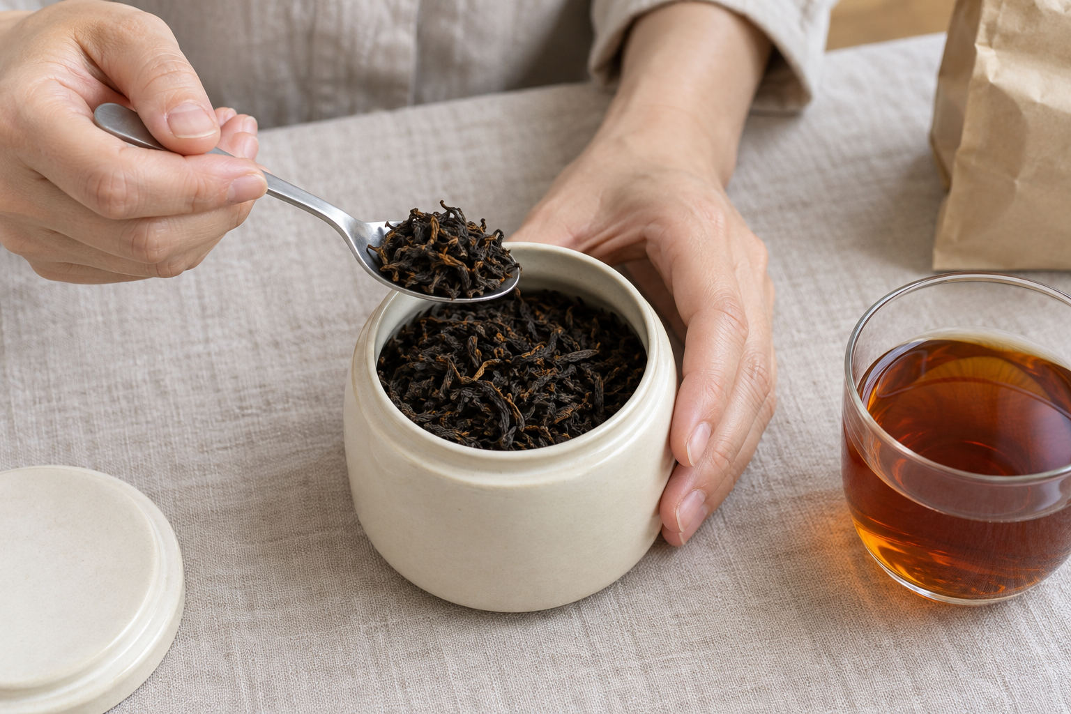 茶葉の入った容器からスプーンで紅茶の葉をすくう様子