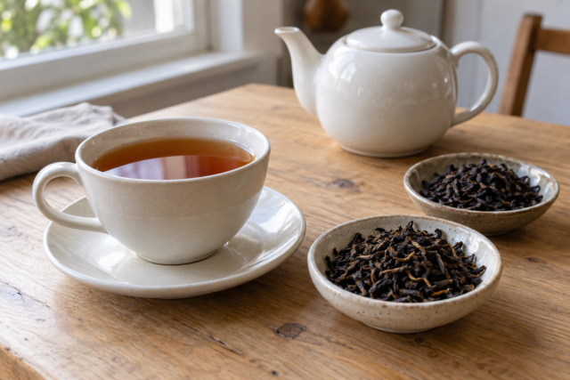 紅茶を注いだカップと小皿に入れた茶葉
