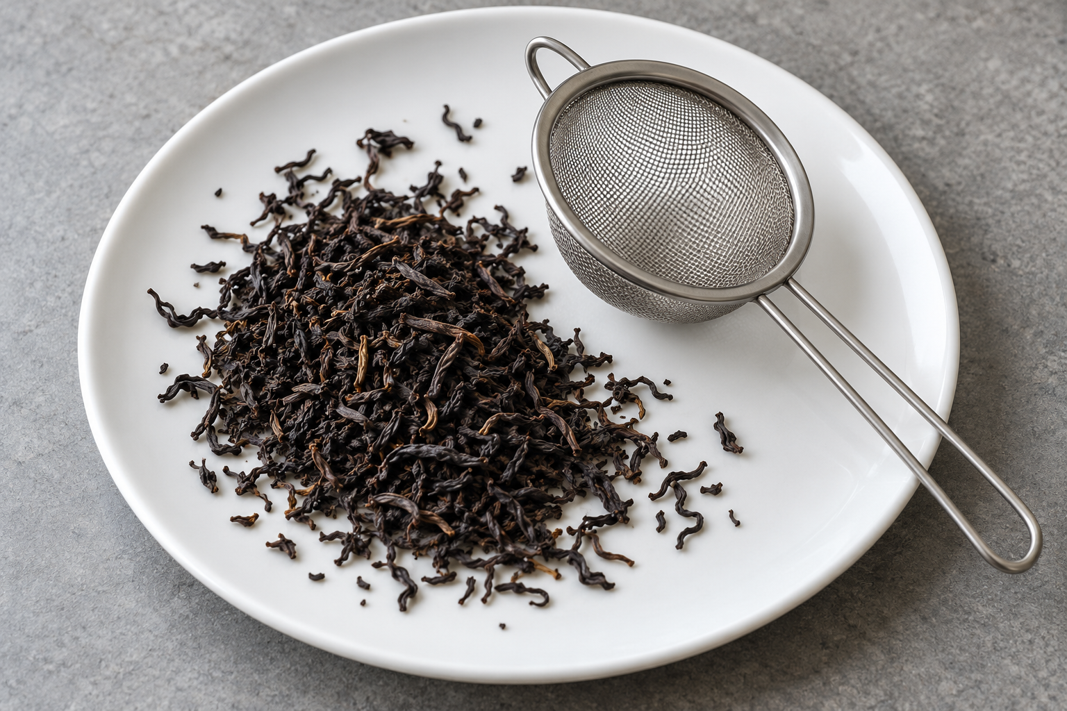 乾燥した茶葉と茶こしのイメージ
