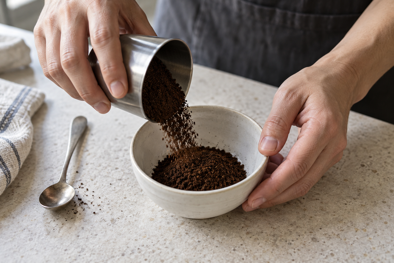 挽いたコーヒー粉を容器から小鉢へ移す手元