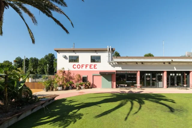 南青山のLittle Darling Coffee Roastersの外観と芝生の広場
