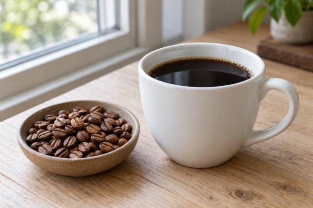 ブラックコーヒーと小皿に入れた焙煎豆