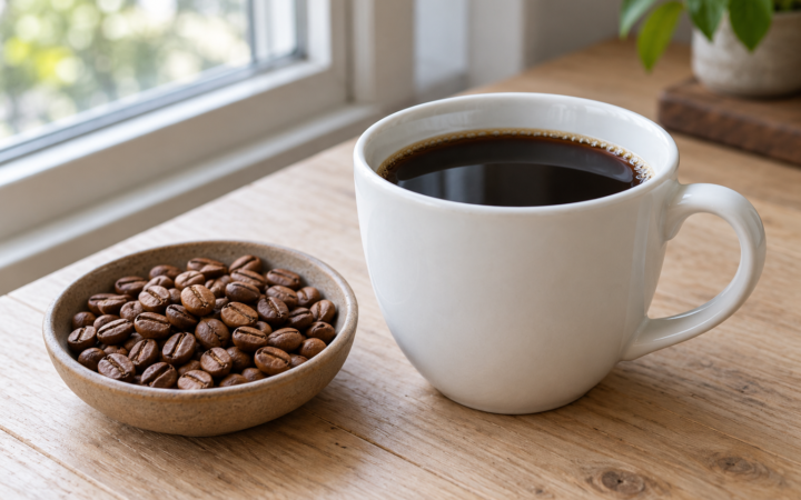 ブラックコーヒーと小皿に入れた焙煎豆