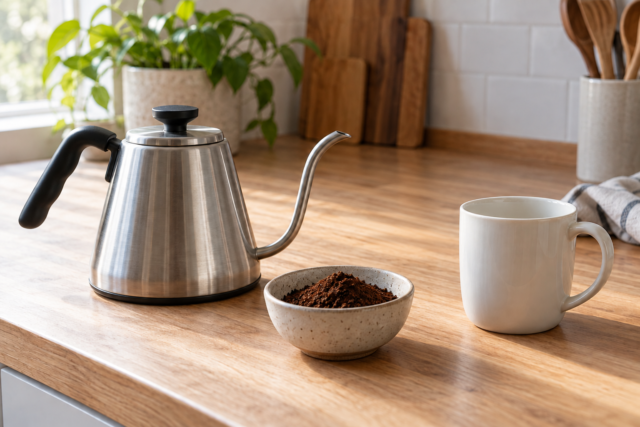 細口ケトルとコーヒー粉、白いカップ