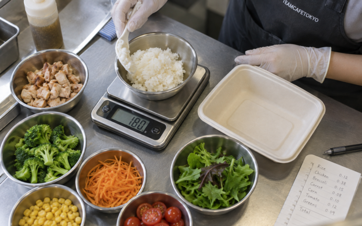 食材の分量と容器を確認する原価計算の準備（AI生成イメージ）
