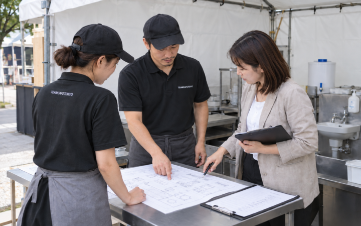 出店前に設備と確認書類を照合する担当者