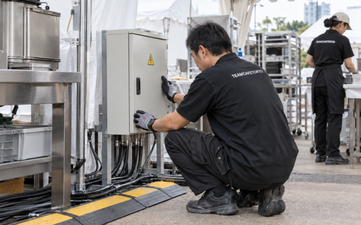 仮設分電盤と配線経路を確認するスタッフ